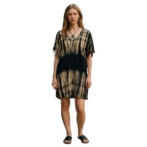 RACHEL Rachel Roy Black and Cream Tie Dye Boho Shift Style Mini Dress Size S